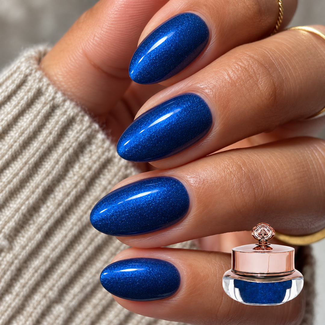 Navy manicure with matching colour pot